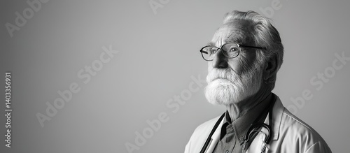 A black-and-white portrait of an elderly male doctor with glasses, white beard, lab coat, and stethoscope, plain background, centered composition