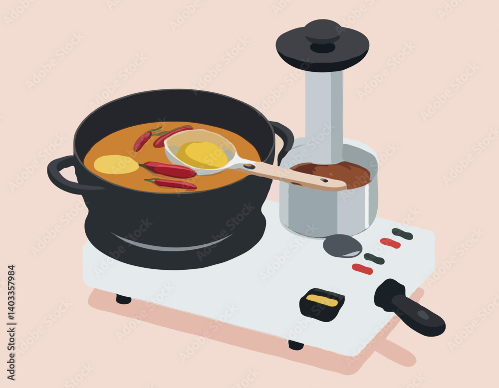 Multicuiseur sur comptoir de cuisine avec oignons, ail, huile de cuisson et planche à découper