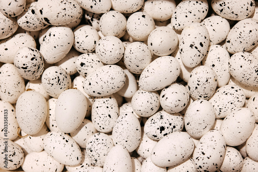 Speckled white decorative eggs in a box. Speckled white decorative eggs in a box.