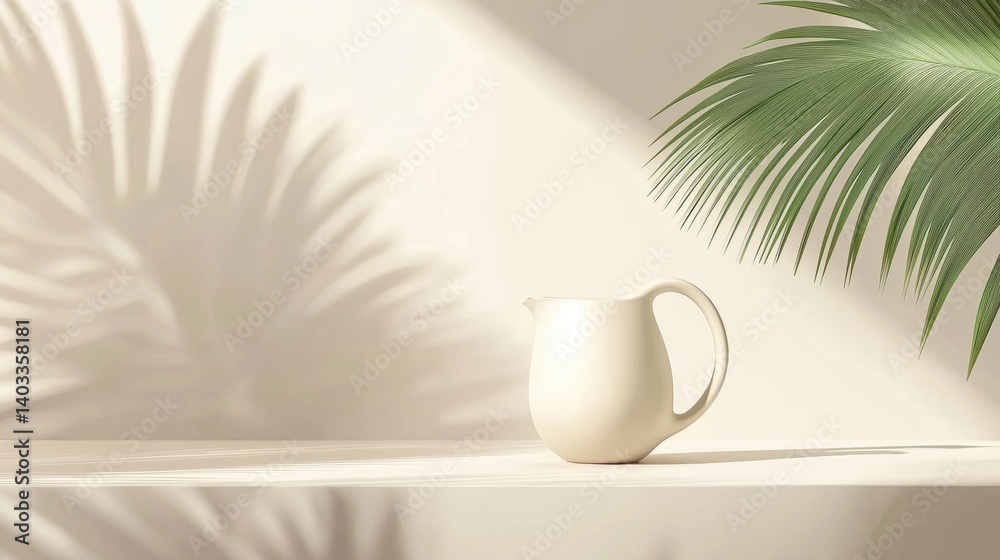 A white pitcher sits on a white shelf against a beige wall, with a green plant casting a shadow on the wall. A white pitcher sits on a white shelf against a beige wall, with a green plant casting a shadow on the wall.
