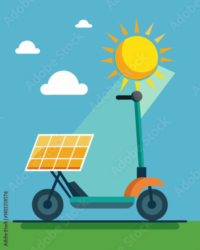 Shining brightly in the warm summer rays a solarpowered electric scooter awaits its rider ready to zip through the city streets.. Vector illustration