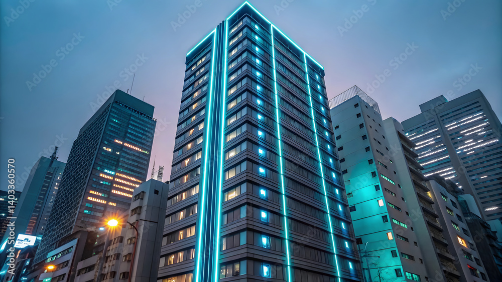High tech Tokyo apartment building with LED lights glowing in evening sky, showcasing modern architecture and urban lifestyle High tech Tokyo apartment building with LED lights glowing in evening sky, showcasing modern architecture and urban lifestyle