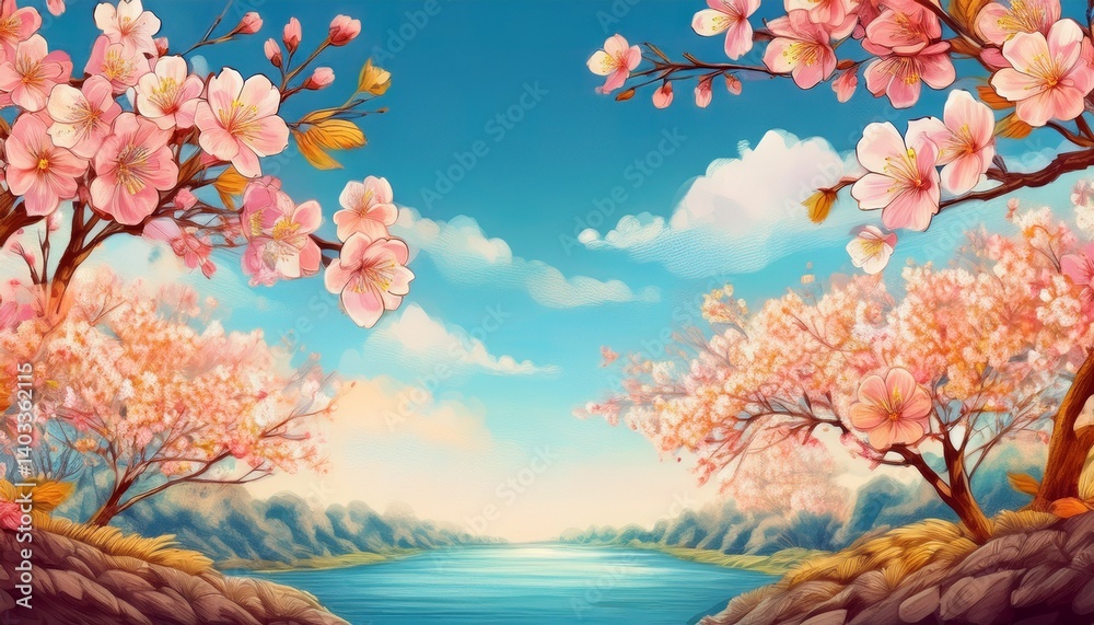 creative border frame illustration of beautiful cherry blossom in springtime seamless wallpaper on blue sky background, graphic resource