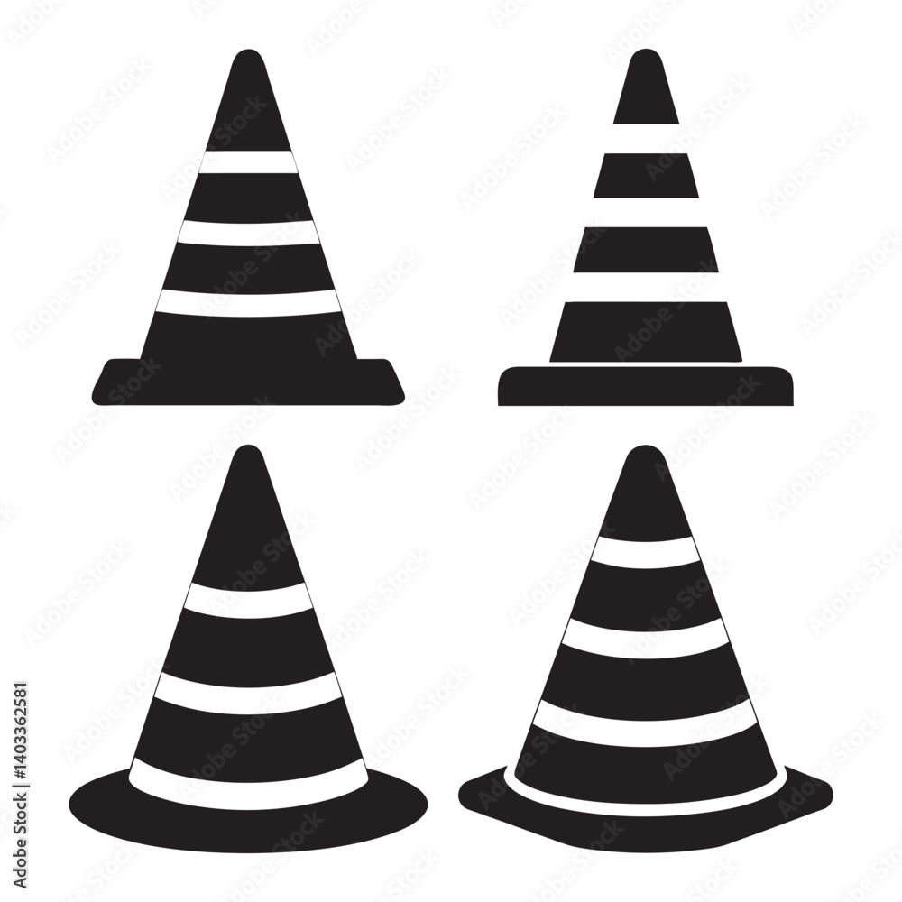 Four Black and White Traffic Cone Icons Vector, Traffic Cone Icon Illustration with Four Color Variations Four Black and White Traffic Cone Icons Vector, Traffic Cone Icon Illustration with Four Color Variations