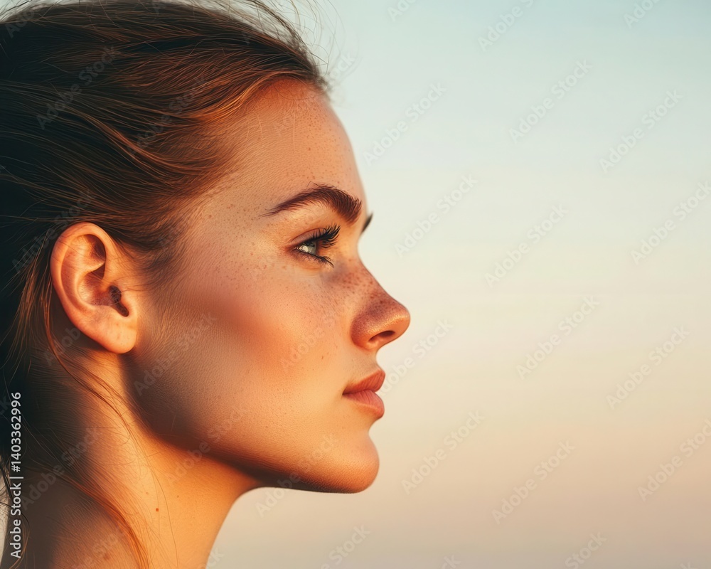 Side profile emphasizing glowing cheekbones, reflecting soft sunset light, freshfaced, natural elegance Side profile emphasizing glowing cheekbones, reflecting soft sunset light, freshfaced, natural elegance
