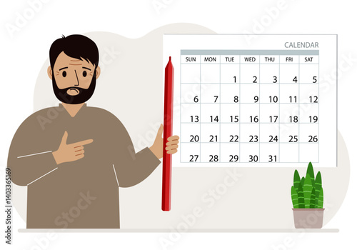 A man with a pencil in his hand creates a calendar. Planning and time management, responsible employee plans meetings and events. Vector flat illustration