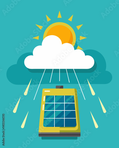Even on the dreariest of days the solarpowered battery pack continued to charge its panels determinedly soaking up any trace of sunlight that managed to peek through the clouds.. Vector illustration