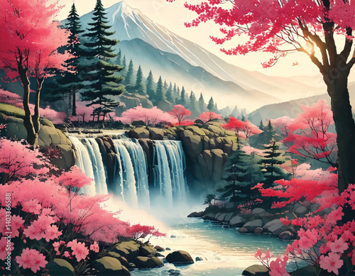 Pink cherry blossoms in bloom along a river with a waterfall and misty mountains. Peaceful landscape with a waterfall, cherry trees, and rugged mountains in the background. Traditional Eastern scene