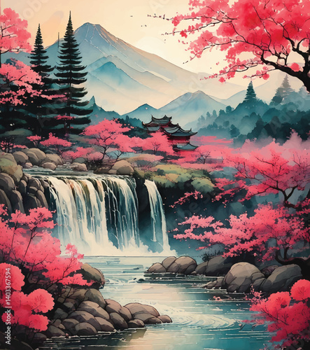 Beautiful pink cherry blossom surrounding a waterfall in a peaceful mountain landscape. Serene waterfall framed by vibrant cherry blossoms and majestic mountain view. Tranquil scene of cherry blossoms