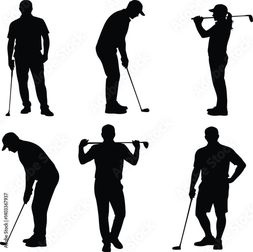 A black and white silhouette illustration of six golfers in different playing positions. The image shows four separate silhouettes of golfers against a white background,