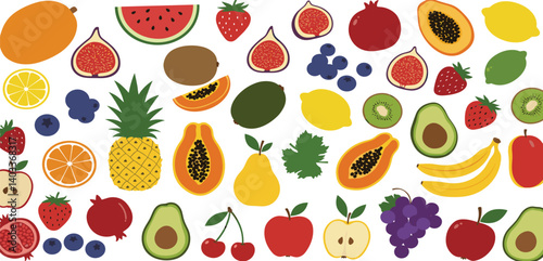 Hand drawn colorful fruits and berries. Trendy abstract minimal style. Natural tropical fruits. Fig, cherry, apple, peach, lemon, banana, avocado,
