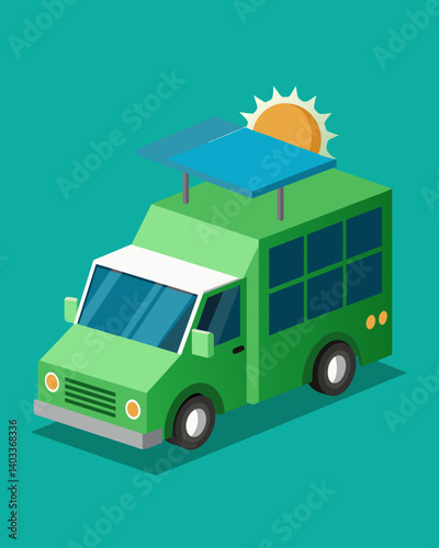 As part of a green initiative a citys food truck fleet transitions to solar power. Passersby cant help but notice the bright turquoise truck with large solar panels providing. Vector illustration