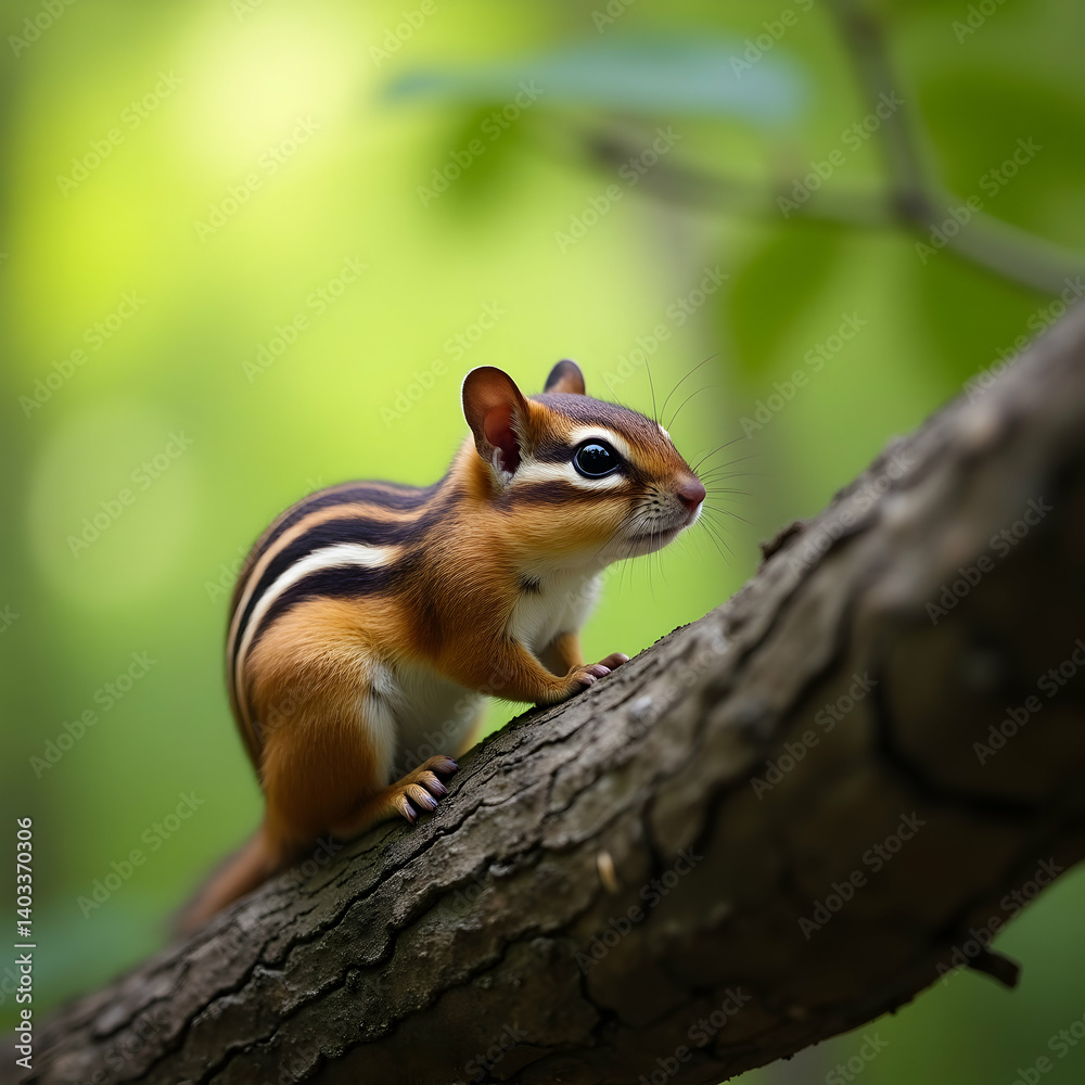 Alert Chipmunk Perched on a Branch in a Lush Environment Alert Chipmunk Perched on a Branch in a Lush Environment