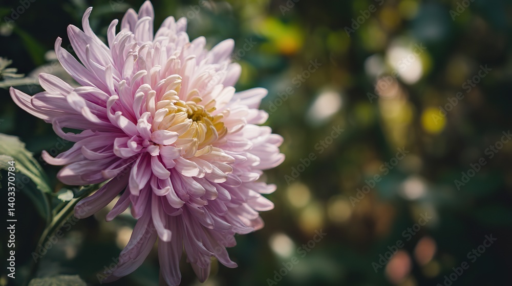 A close-up of an elegant chrysanthemum with soft purple petals in a subtle pink and yellow hue accentuates the delicate beauty of the flower, centered on one side of the picture. A close-up of an elegant chrysanthemum with soft purple petals in a subtle pink and yellow hue accentuates the delicate beauty of the flower, centered on one side of the picture.
