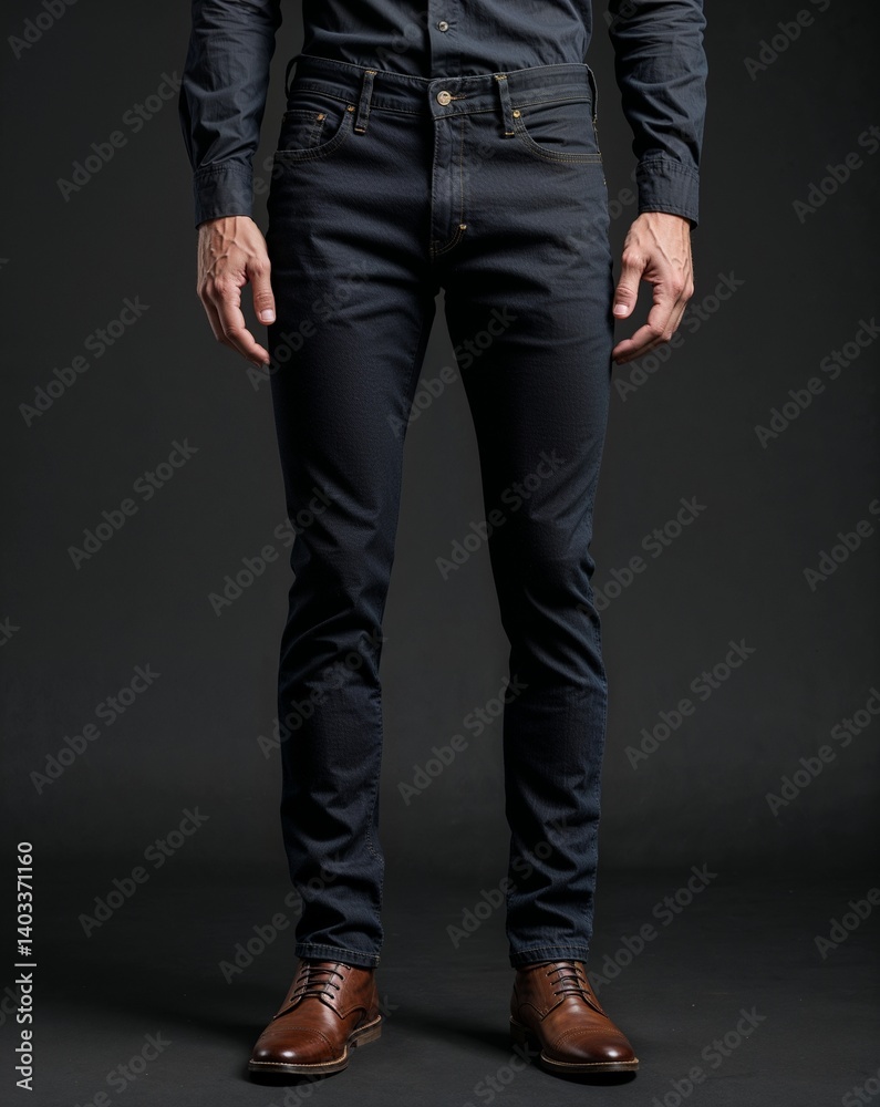Black slim fit jeans portrait view on plain black background Black slim fit jeans portrait view on plain black background