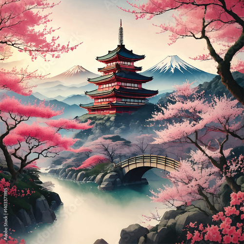 Serene landscape with a pagoda, cherry blossoms, and misty mountains reflecting in the water. Beautiful cherry blossom trees around a traditional pagoda with snow-capped mountains behind.