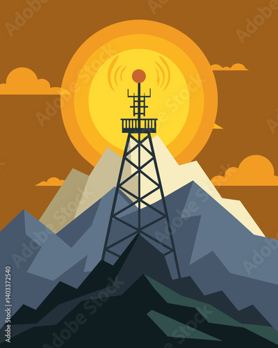 High atop a rugged mountain a telecommunication tower powered by the sun providing vital communication services to nearby communities.. Vector illustration