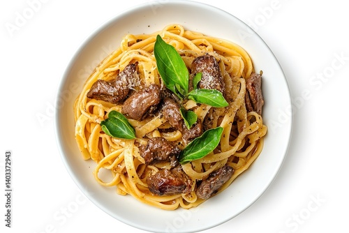 pasta linguine with fried chicken liver, top view, isolated white background