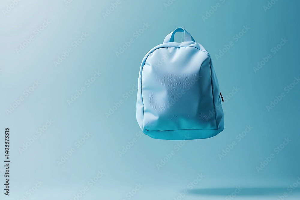 Light Blue Backpack Floating on Monochromatic Seamless Studio Background Design Light Blue Backpack Floating on Monochromatic Seamless Studio Background Design