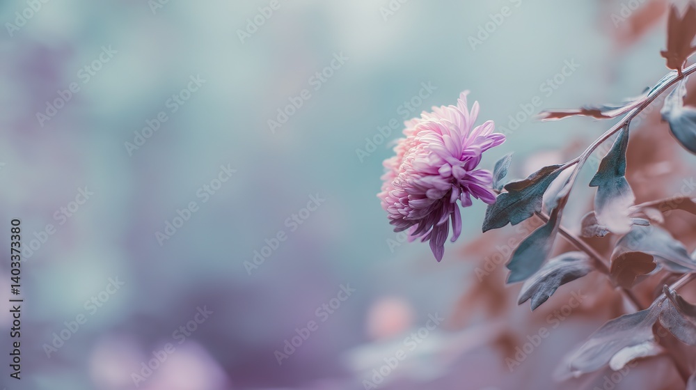 A close-up of an elegant chrysanthemum with soft purple petals in a subtle pink and yellow hue accentuates the delicate beauty of the flower, centered on one side of the picture. A close-up of an elegant chrysanthemum with soft purple petals in a subtle pink and yellow hue accentuates the delicate beauty of the flower, centered on one side of the picture.