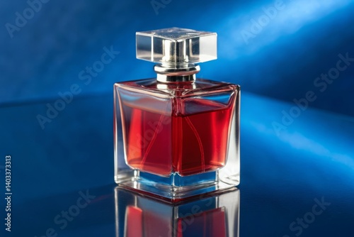 A captivating ruby-red perfume, elegantly poised in a crystal bottle, promising a luxurious and unforgettable scent against a deep blue backdrop.
