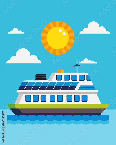On a sunny day the solar panels on the ferrys roof are in full force supplying enough energy to power the entire vessel.. Vector illustration