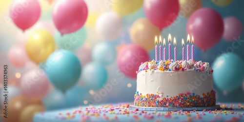 Colorful birthday cake with candles surrounded by balloons in festive celebration setting