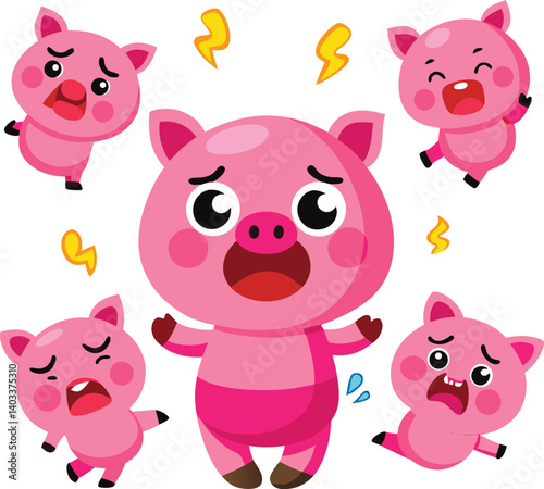A set of pink pig emojis: embarrassed (sweat), greedy (drool), happy, bashful, dancing.