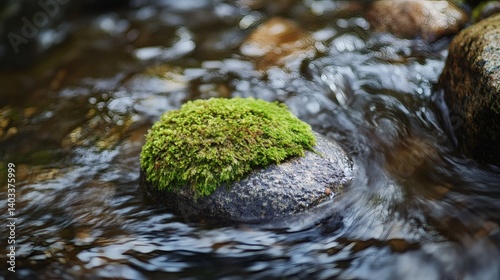 Mossy rock in flowing stream, nature background, serenity