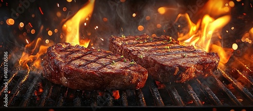 Juicy steak with deep grill marks sizzling on flaming barbecue, smoke rising through dramatic side lighting, close-up food photography emphasizing meat texture and glowing embers.