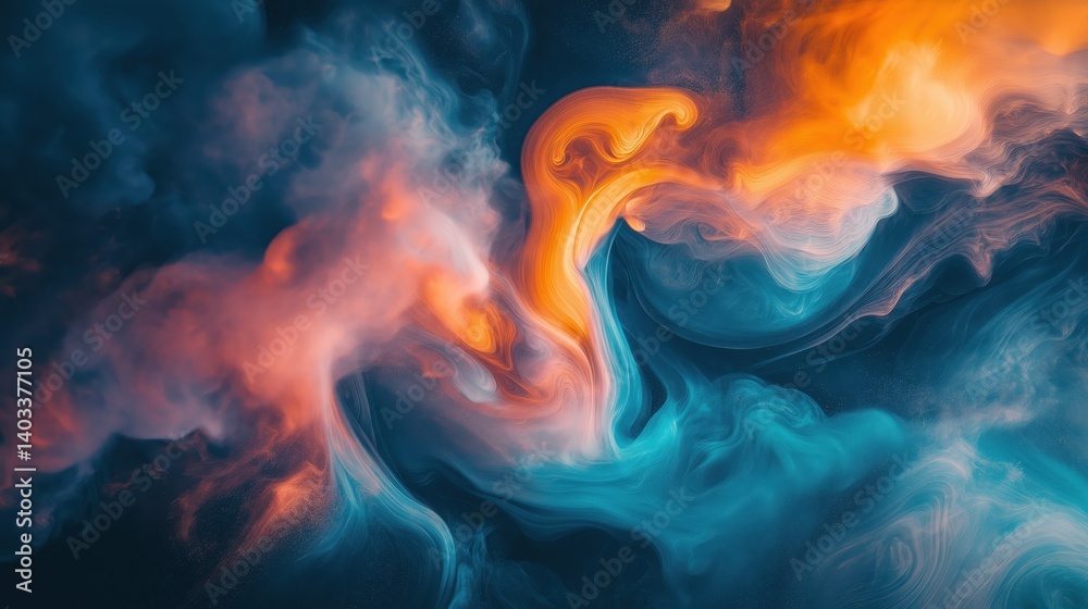 Fototapeta premium Vibrant colored smoke swirls against darkness, forming abstract, luminous fluid patterns
