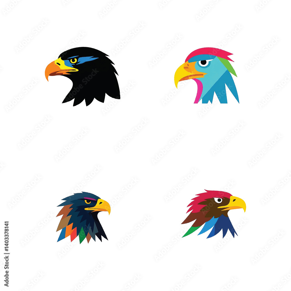Obraz premium vector eagle head illustrations, colorful abstract eagle icons, modern mascot style, tribal-inspired bird heads, vibrant feathers, bold color palette, stylized animal design, symmetrical eagle heads o