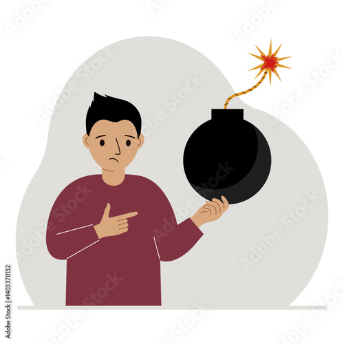 A little boy is holding a bomb with a lit fuse in his hands. Concept of danger, problem, explosion or war. Vector flat illustration.