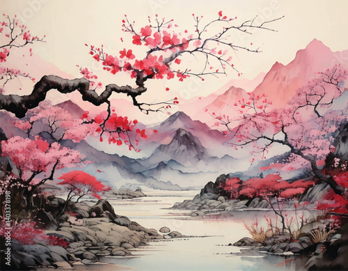 Serene landscape with pink cherry blossoms and misty mountain backdrop. Stunning cherry blossoms framing a peaceful river with distant mountain views. Scenic watercolor of cherry blossoms 