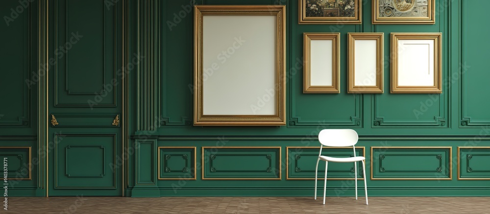 Fototapeta premium Dark green wainscoted wall displaying asymmetrical gold-framed mirrors above herringbone wood floor, white modern chair centered below, soft diffused lighting accentuating art deco contrast.