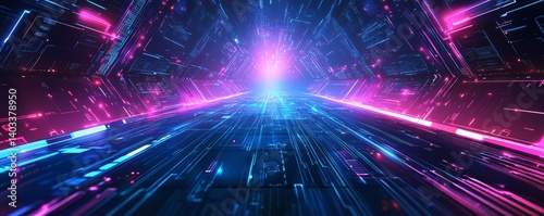 Abstract futuristic tunnel, vibrant neon lights, digital art.