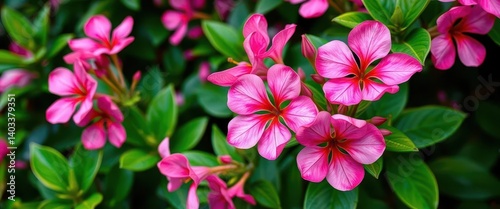 Pink Adenium obesum blossoms contrast vibrantly against lush, green foliage, closeup, background