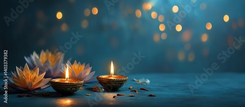 Two golden oil lamps glowing beside white lotus blossom on navy blue backdrop, floating petals illuminated by warm ambient glow, spiritual still life with bokeh light effects.