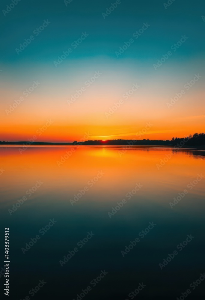Naklejka premium Serene Michigan sunset mirroring in tranquil lake waters, stillness, Michigan, calm water