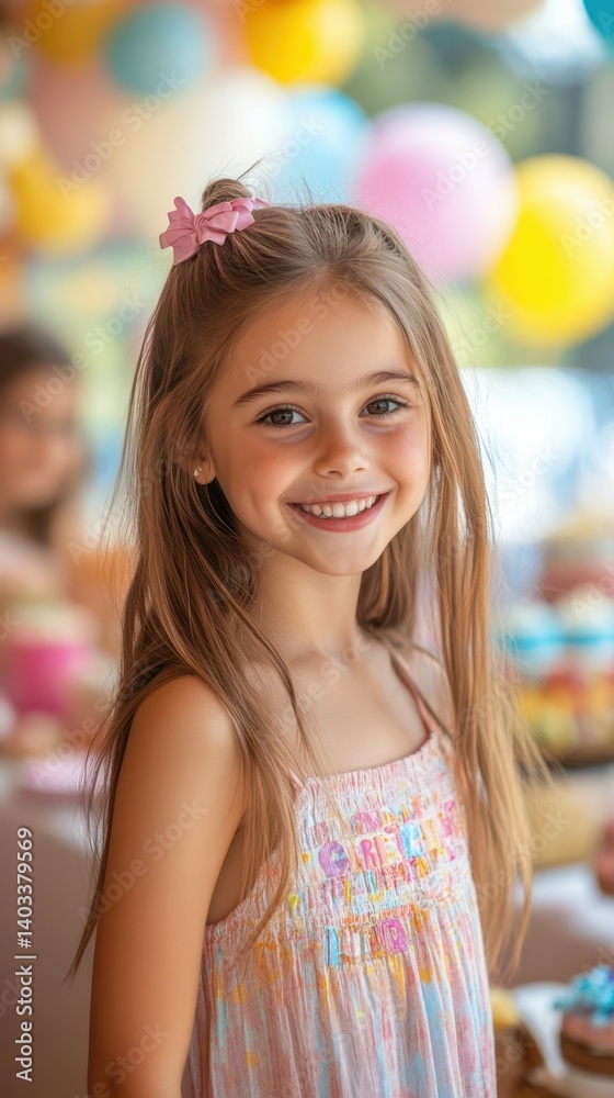 Smiling girl in a colorful party setting with balloons and festive decor during a summer celebration