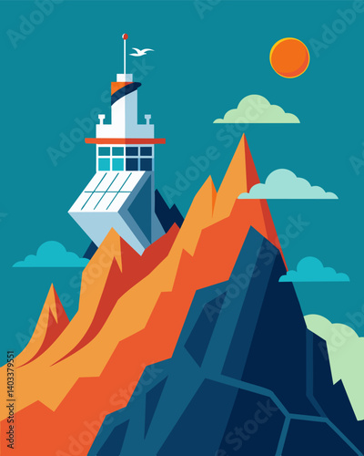 Perched atop a steep mountain peak a solarpowered research station monitored the health of nearby coral reefs and their inhabitants.. Vector illustration