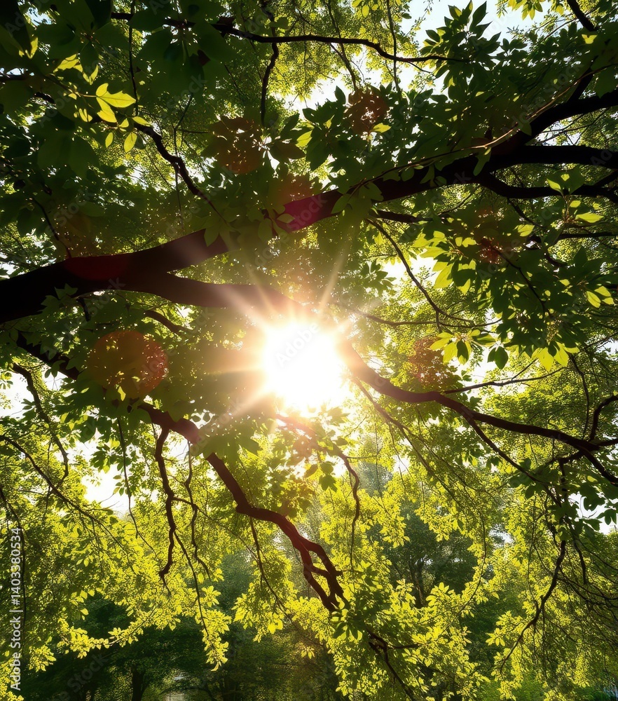 Obraz premium Sunlight dappled through leaves forming a natural archway under sprawling tree branches, botanical, tranquil