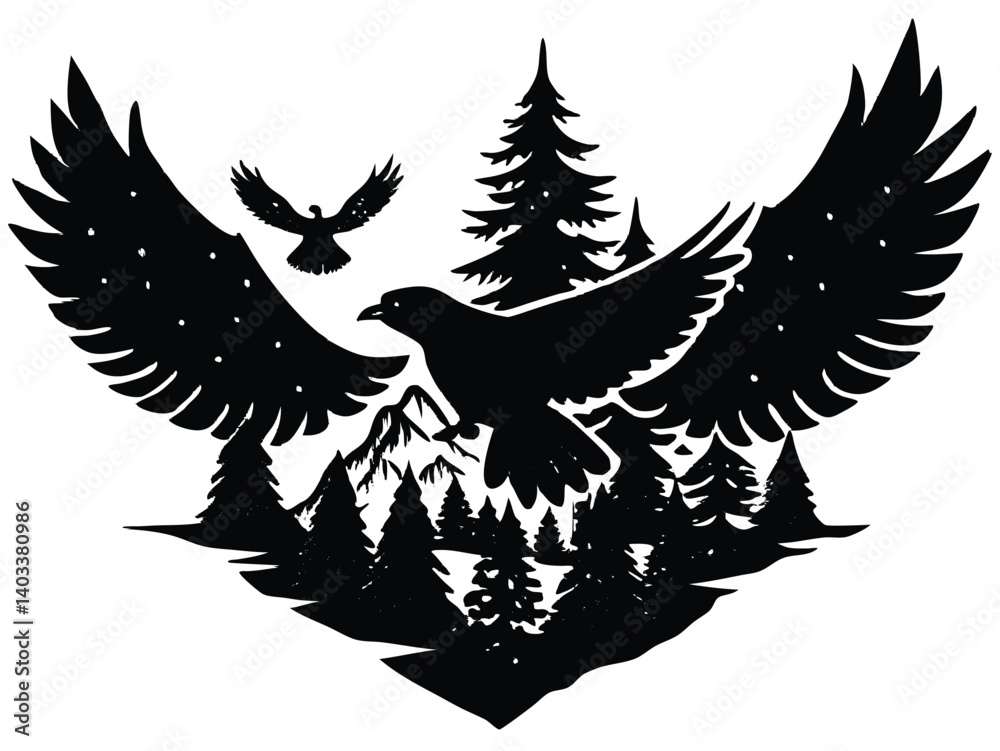 Obraz premium Double exposure-style vector: eagle in flight with a landscape (forest, lake, prey) within its wings