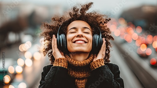 Smiling young woman in headphones with closed eyes in a midst of a blurred motion of a bustling crowd of a big city. Lost in her world, she smiles while the city buzzes around her.