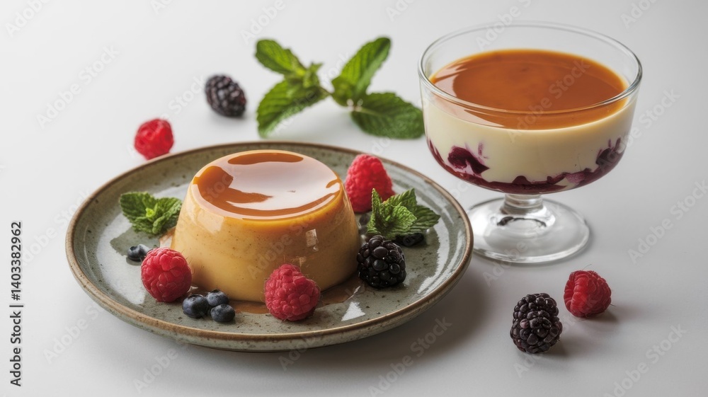 Creamy caramel flan with berry compote, a delightful dessert elegantly presented with fresh mint and raspberries, bathed in soft, warm light. Creamy caramel flan with berry compote, a delightful dessert elegantly presented with fresh mint and raspberries, bathed in soft, warm light.