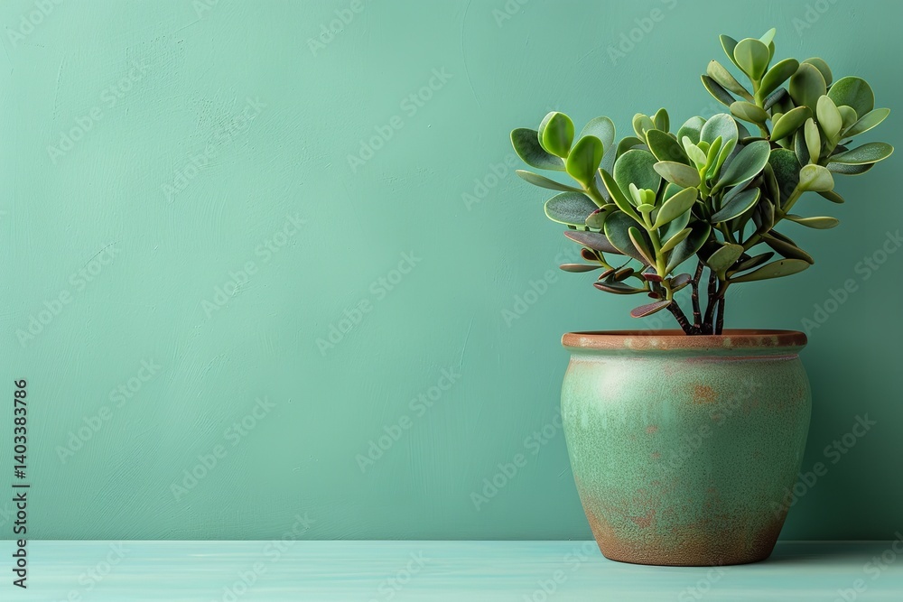 An interior bloom and gardening layout depicting a new jade plant in a sleek pot over a pale green setting lovely hue and space, Generative AI. An interior bloom and gardening layout depicting a new jade plant in a sleek pot over a pale green setting lovely hue and space, Generative AI.