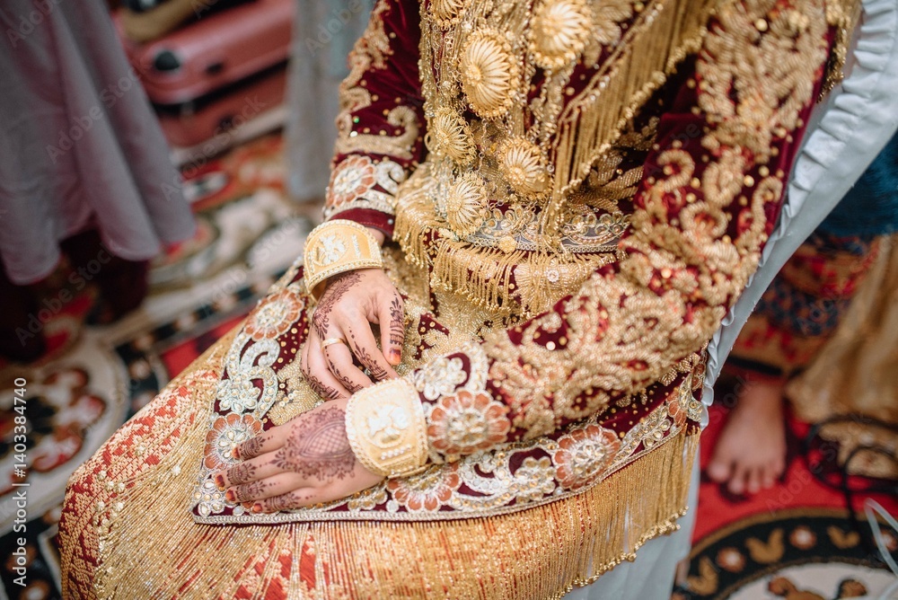Fototapeta premium Close-up of a bride's hand adorned with intricate henna designs, symbolizing beauty and tradition in a wedding ceremony, highlighting cultural elegance and detailed body ar