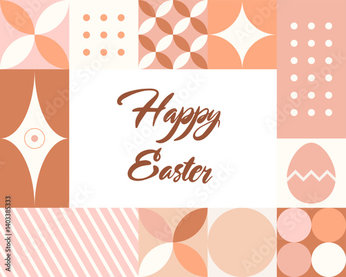 Geometric Happy  Easter greeting card. Abstract background with egg and flower. Vector illustration