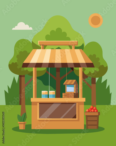 Nestled in a park a quaint wooden kiosk stands tall with its solar panels installed seamlessly on its roof offering ecofriendly treats to parkgoers.. Vector illustration