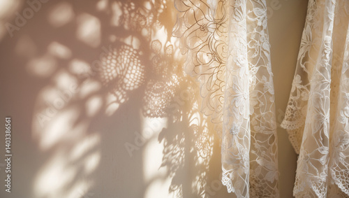 Delicate lace curtains cast enchanting shadows, a sunlit tapestry of warmth and tranquility in a serene room.